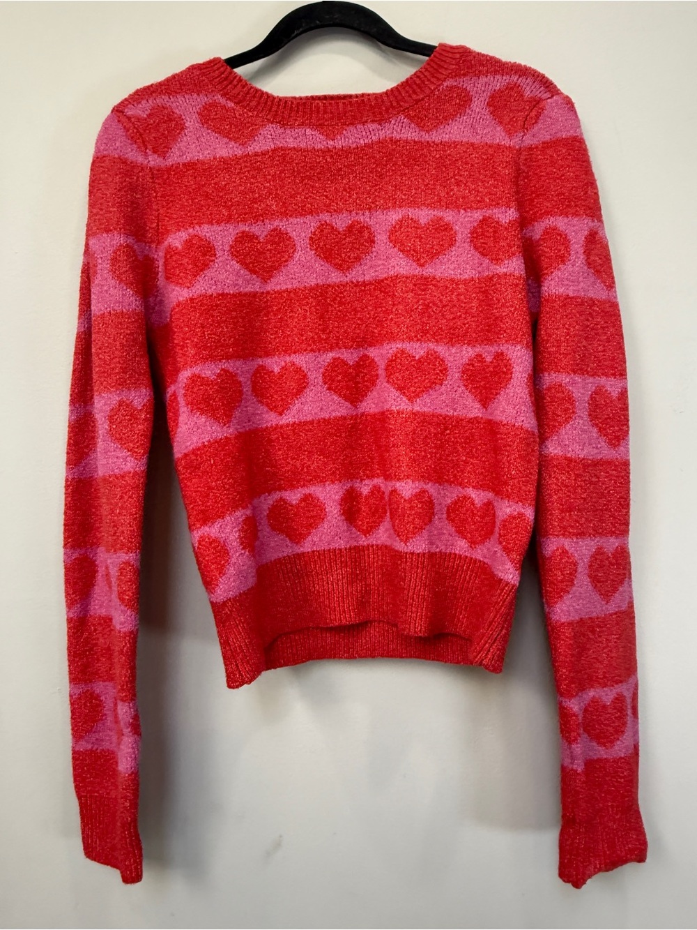 Freshman Red and Pink Heart Stripe Crewneck Sweater